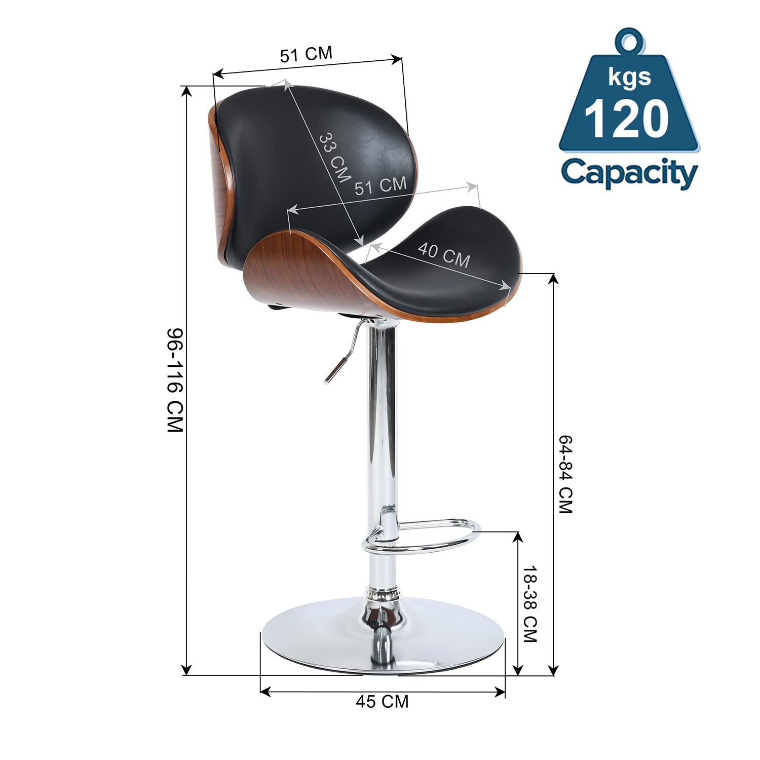 Foto 4 pulgar | Taburete De Bar Furniturer Freeman Negro 51 X 45 X 96-116 Cm