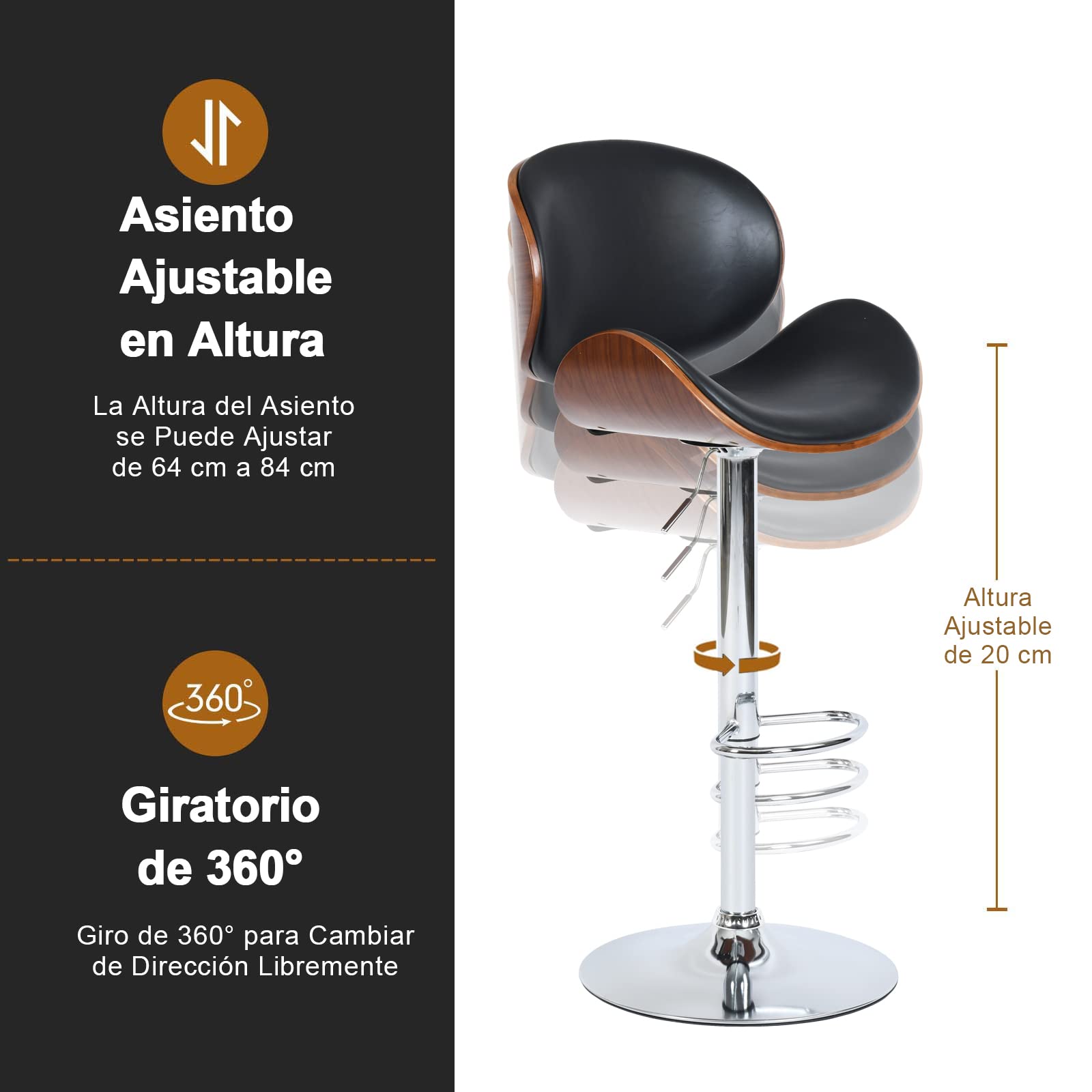 Foto 8 pulgar | Taburete De Bar Furniturer Freeman Negro 51 X 45 X 96-116 Cm
