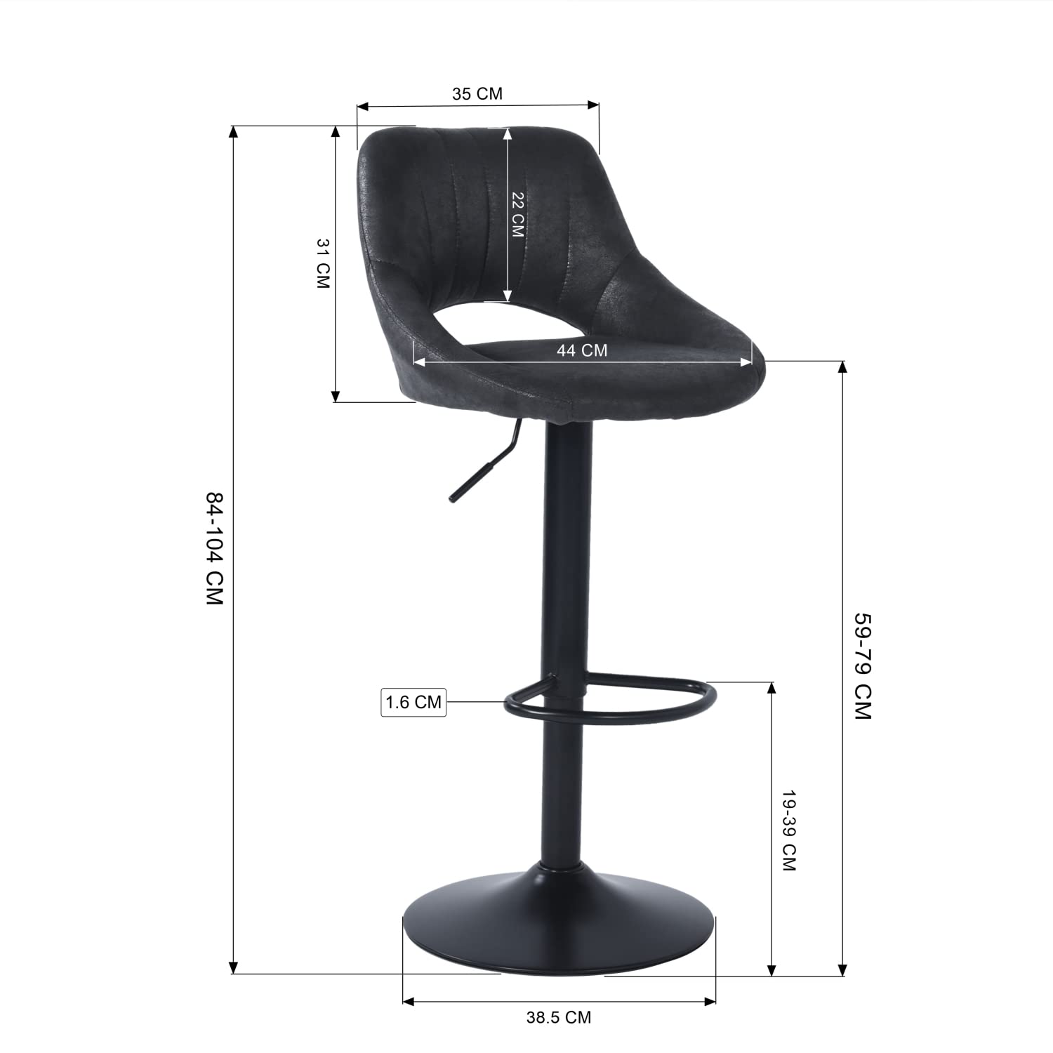 Foto 4 pulgar | Set De 2 Taburetes De Bar Furniturer Torin Negro 38.5 X 38.5 X 84-104 Cm