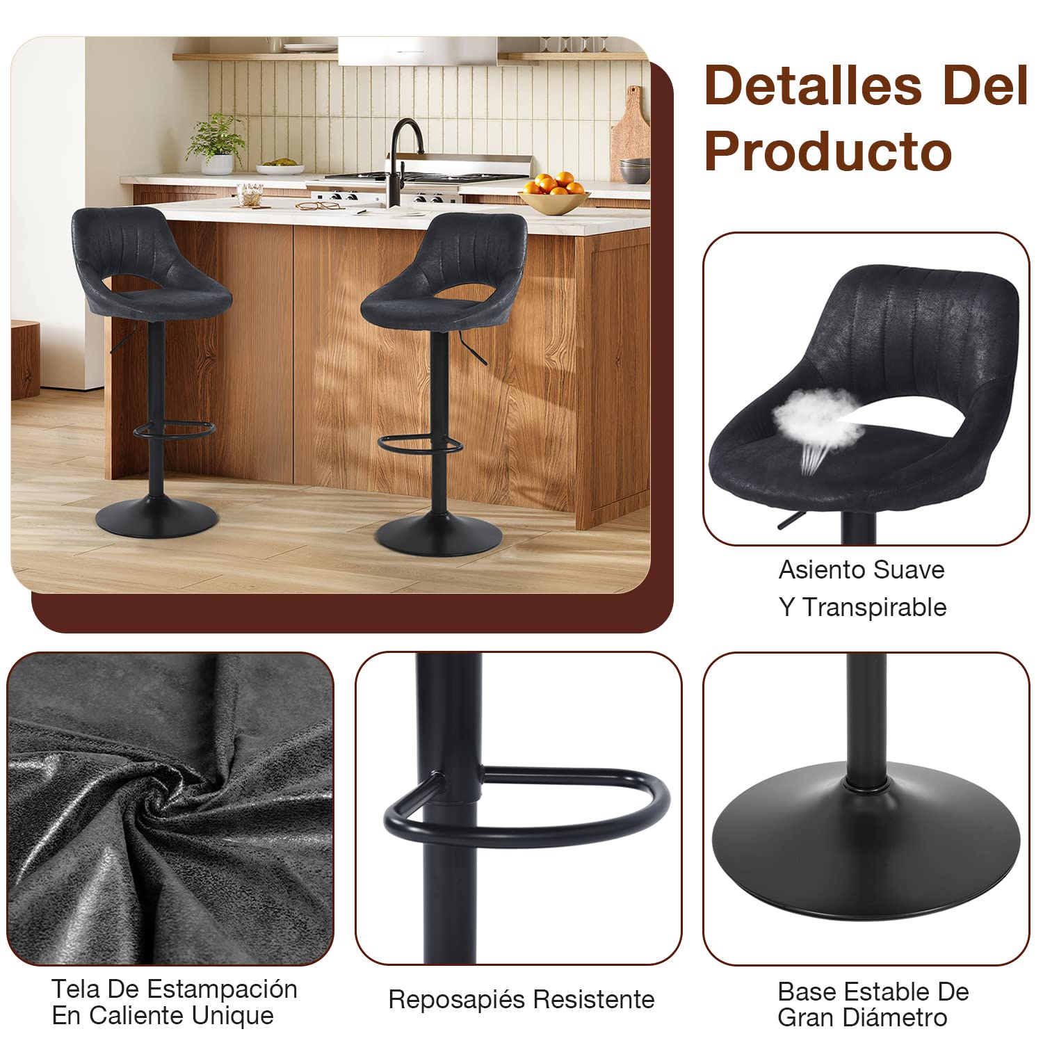 Foto 6 pulgar | Set De 2 Taburetes De Bar Furniturer Torin Negro 38.5 X 38.5 X 84-104 Cm