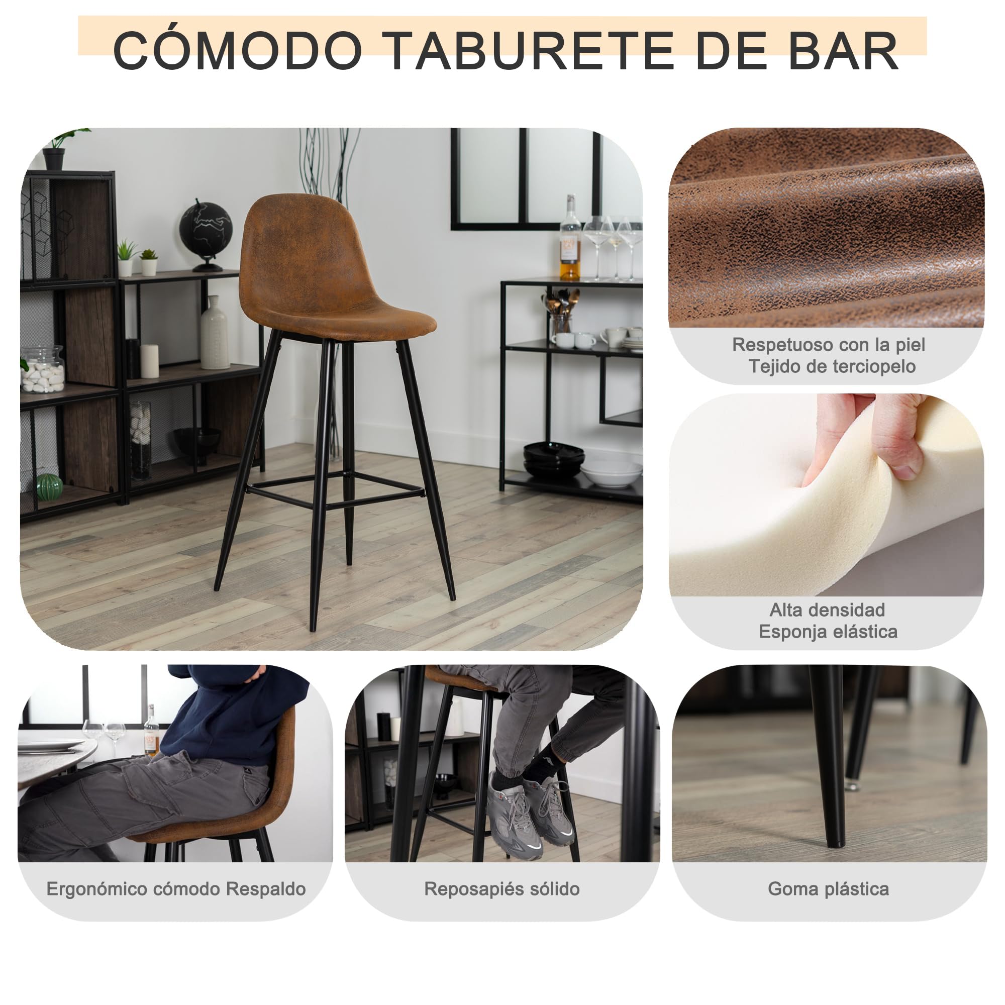 Foto 7 pulgar | Set De 2 Taburetes De Bar Furniturer Charlton Marrón 45.5 X 44 X 100 Cm