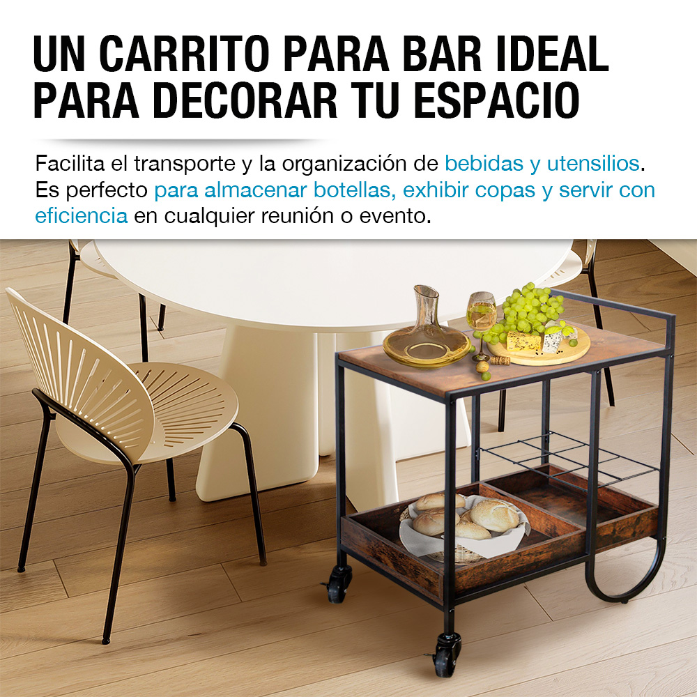 Foto 4 pulgar | Carrito De Servicio Para Bar Estilo Industrial Con Estructura De Acero Y Ruedas, Casa Litus, Color Café