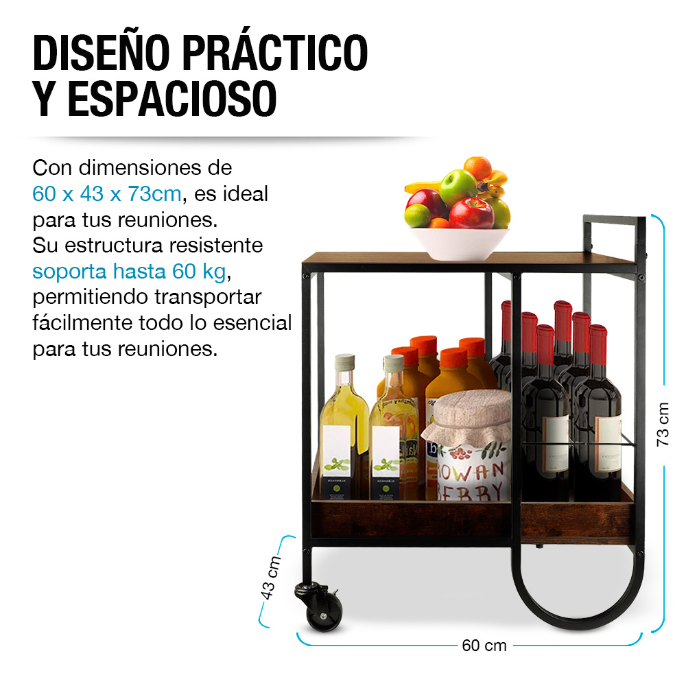 Foto 5 | Carrito De Servicio Para Bar Estilo Industrial Con Estructura De Acero Y Ruedas, Casa Litus, Color Café