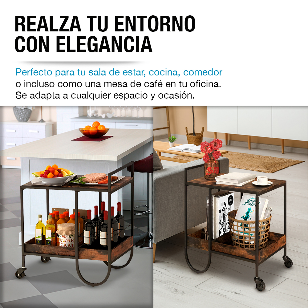 Foto 7 | Carrito De Servicio Para Bar Estilo Industrial Con Estructura De Acero Y Ruedas, Casa Litus, Color Café