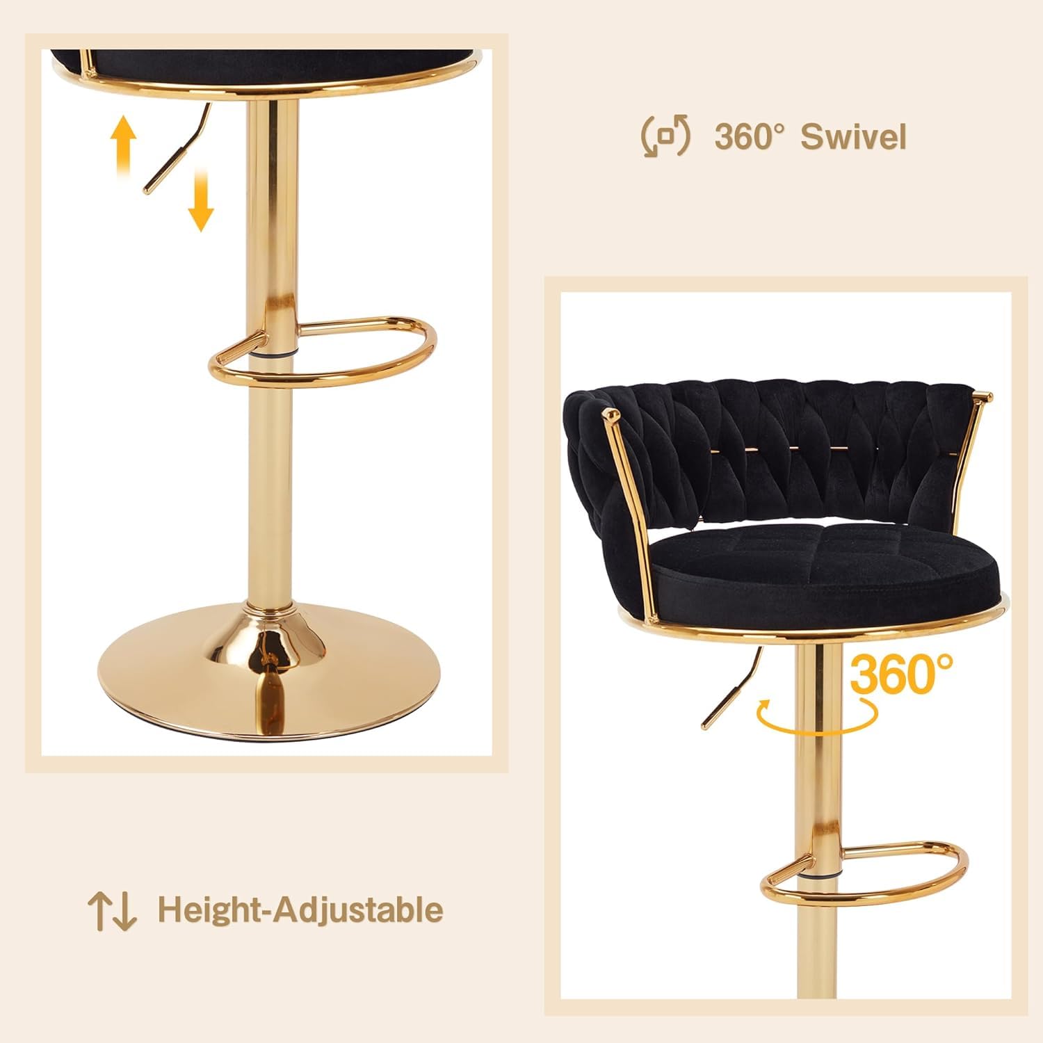 Foto 5 | Juego De Taburetes De Bar Vecelo Con Altura Ajustable De 4 Pulgadas, Color Negro - Venta Internacional.