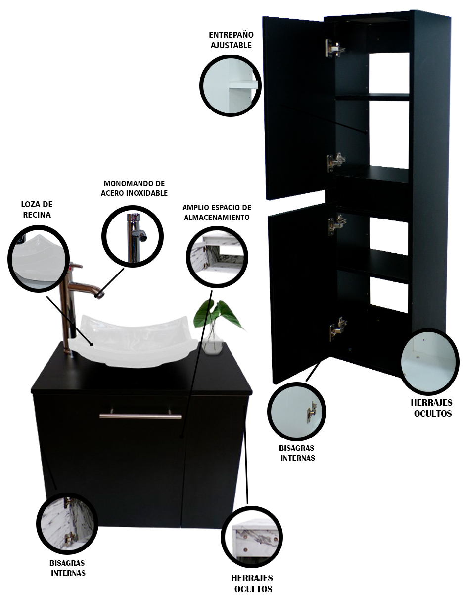 Foto 5 | Gabinete para Baño con Almacenamiento Negro 2 Piezas