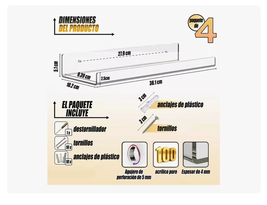 Foto 4 pulgar | Repisas Flotantes Estantes Flotantes De Acrílico 4 Pcs