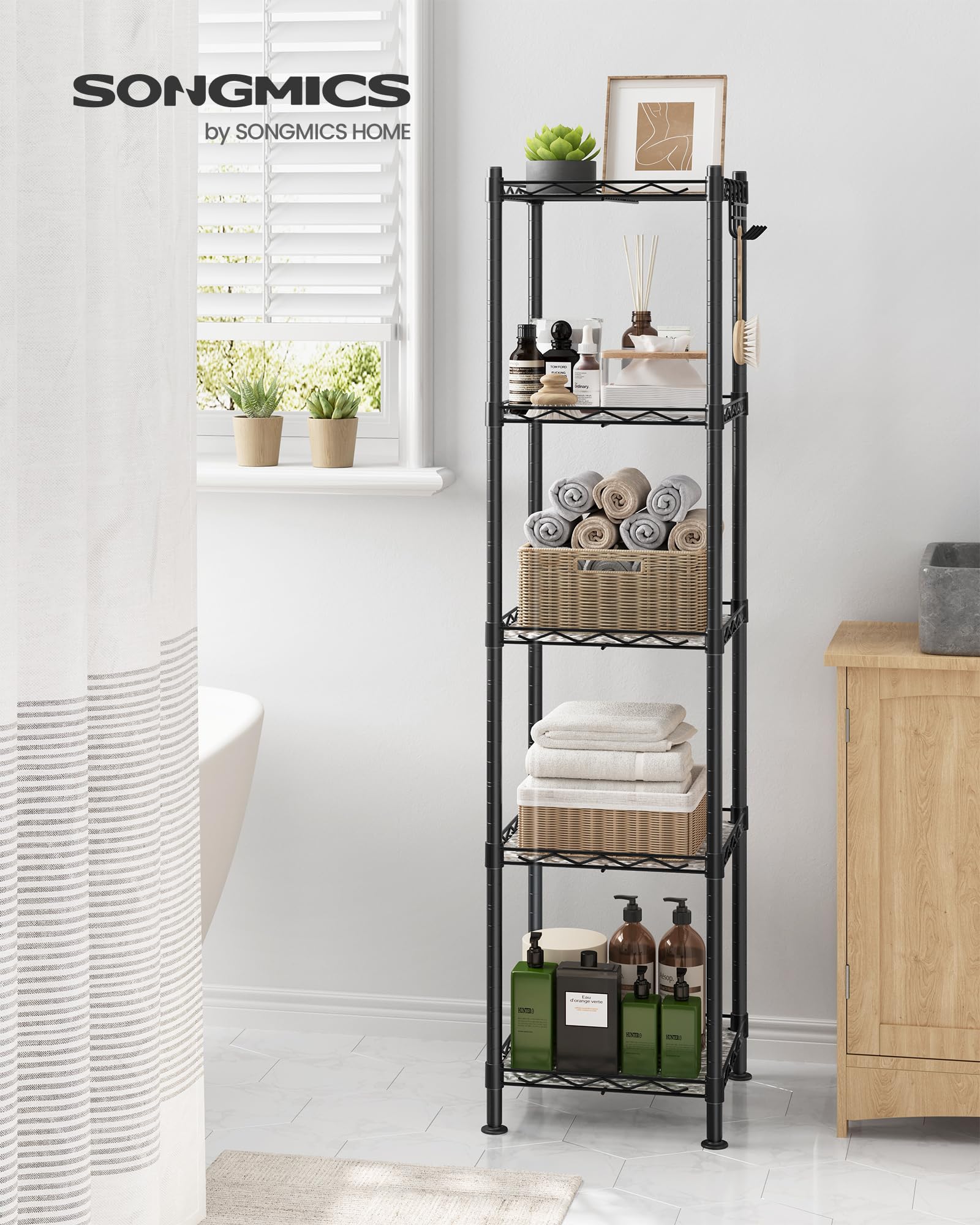 Foto 2 | Songmics Estantería Baño Metal, 5 Baldas Pp, 30×30×123.5 cm, 100 kg, Expandible, Negro/traslúcido, Mlgr23bk.