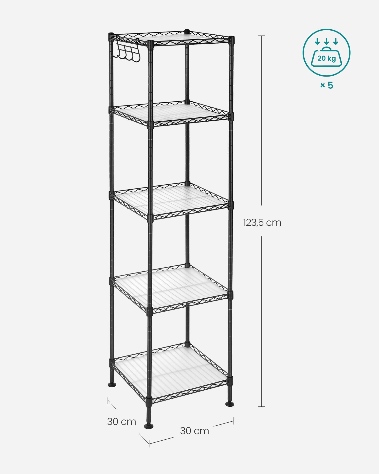 Foto 5 | Songmics Estantería Baño Metal, 5 Baldas Pp, 30×30×123.5 cm, 100 kg, Expandible, Negro/traslúcido, Mlgr23bk.