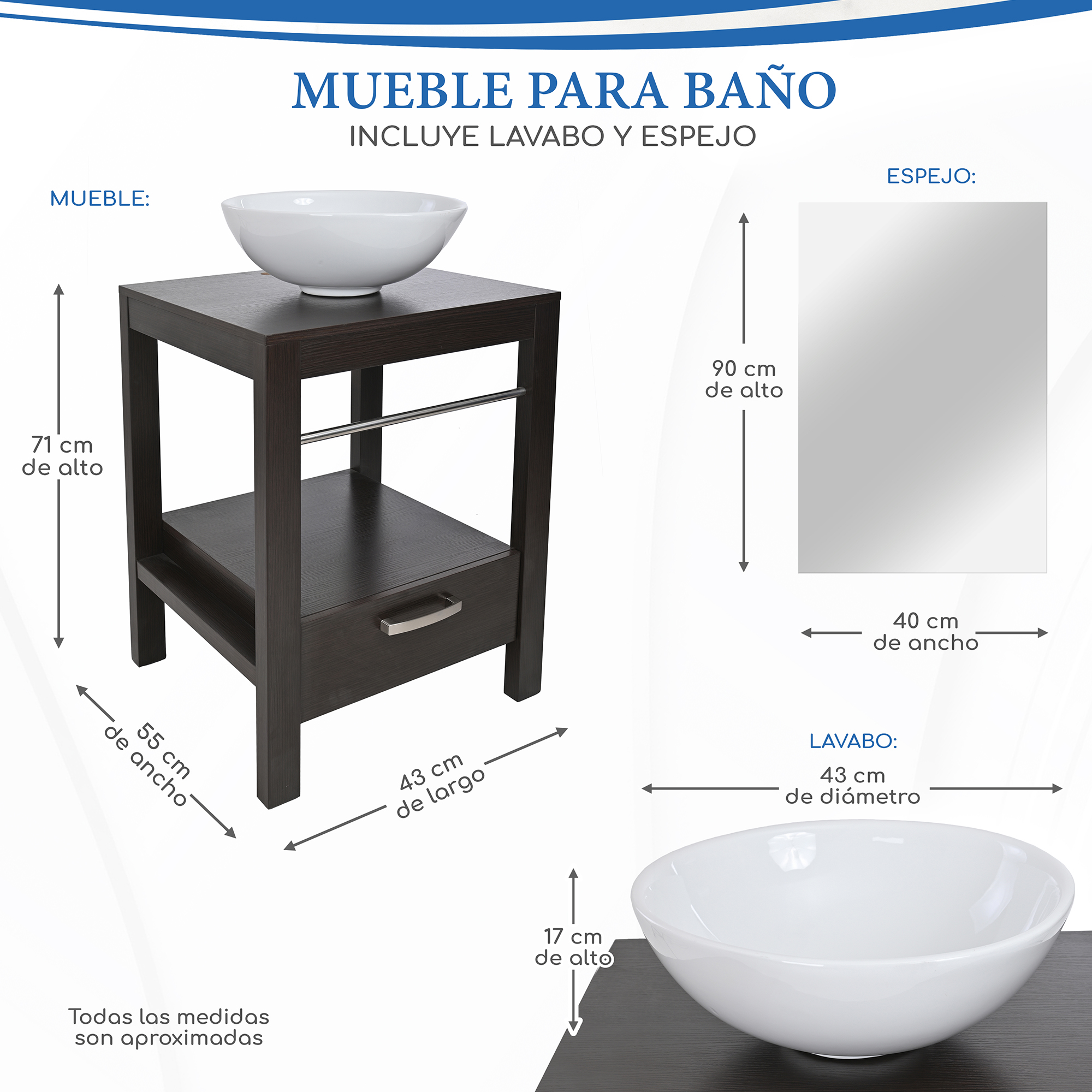 Foto 6 pulgar | Set Mueble Para Baño 3 Piezas Incluye Lavabo Y Espejo, Marca Gravita