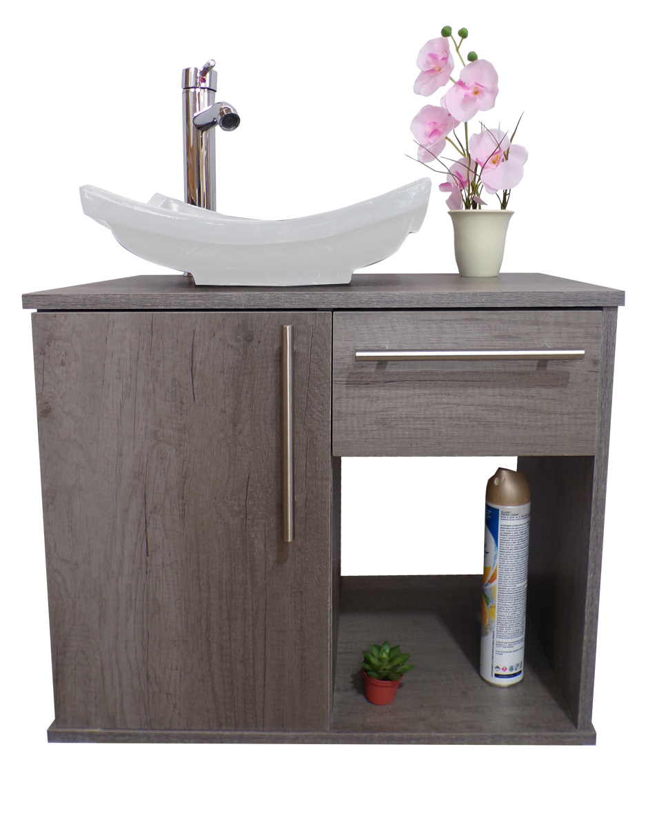 Gabinete para Baño Flotante Gris con Ovalin Blanco y Cajón