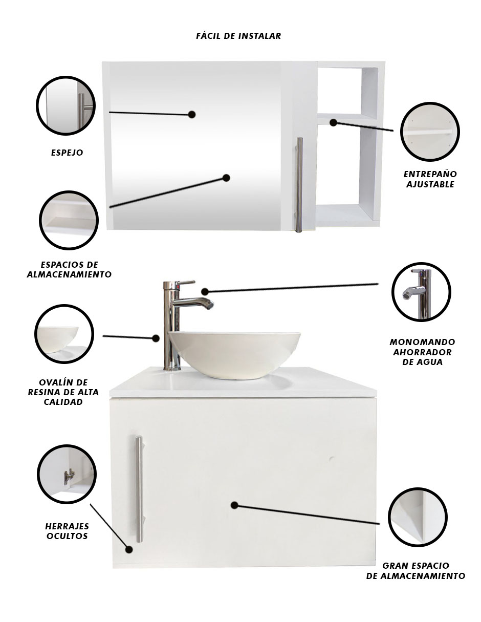 Foto 4 | Combo de Gabinete para Baño con Ovalin y Monomando + Botiquín con Espejo