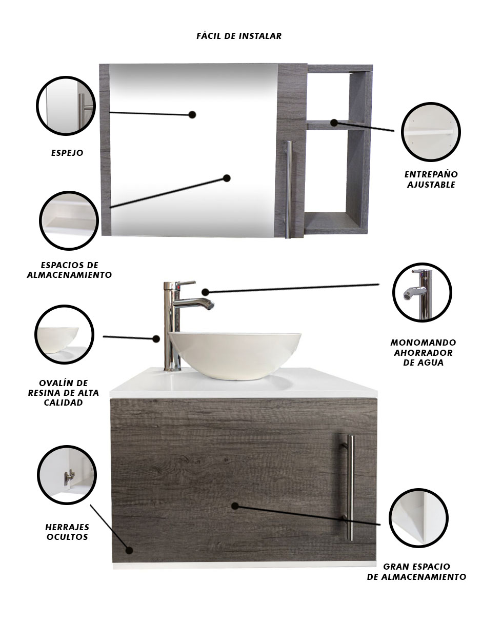 Foto 4 | Combo de Gabinete para Baño con Ovalin y Monomando + Botiquín con Espejo