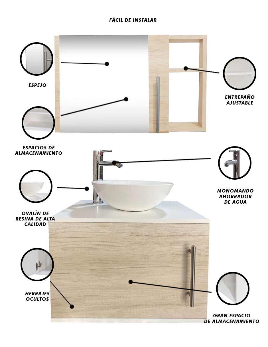 Foto 5 pulgar | Combo de Gabinete para Baño con Ovalin y Monomando + Botiquín con Espejo