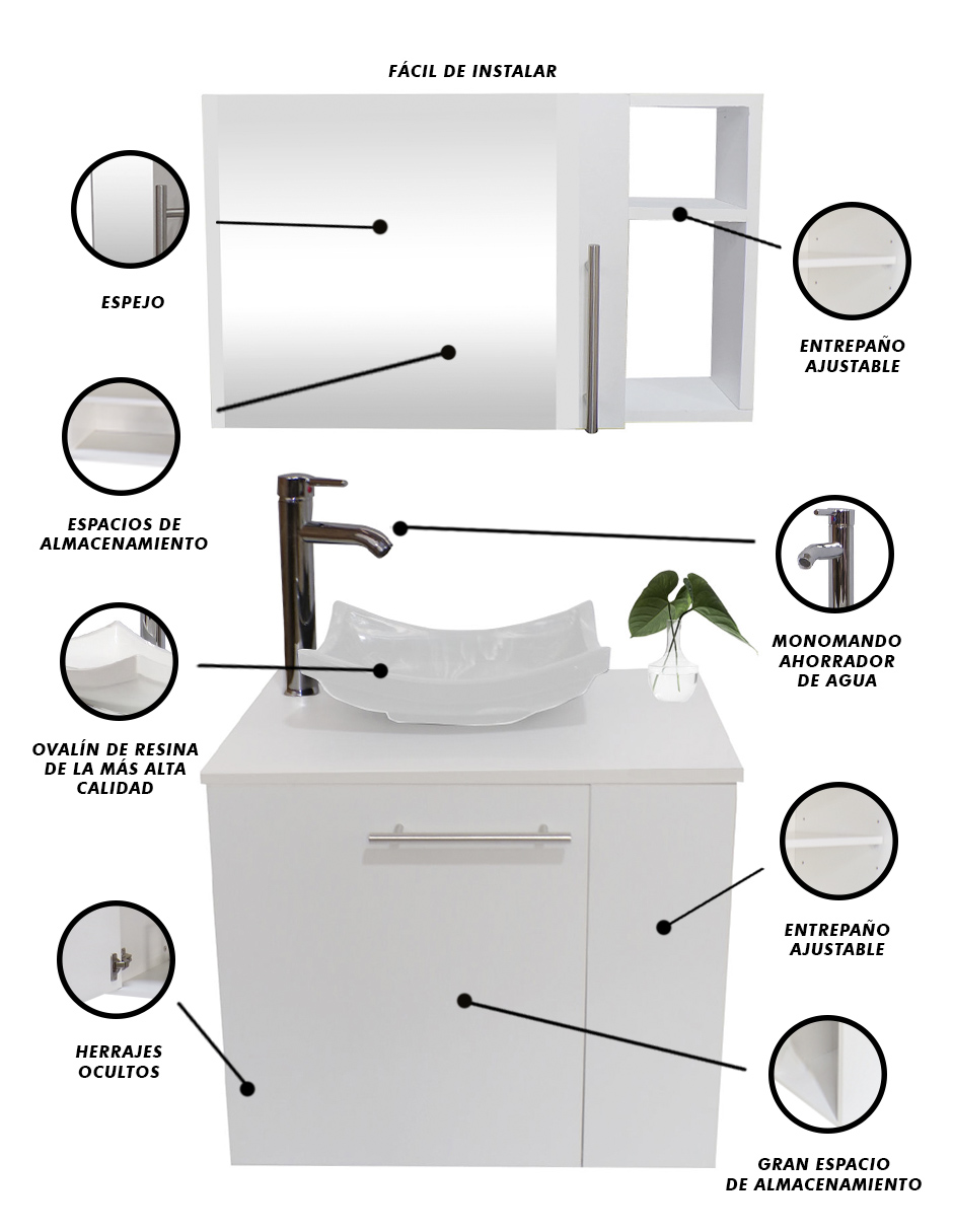 Foto 4 | Combo de Gabinete para Baño con Lavamanos, Monomando y Botiquín con Espejo