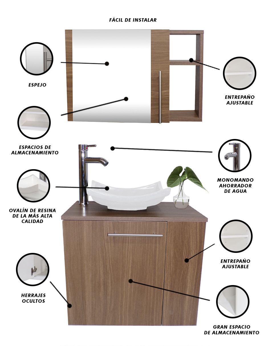 Foto 5 pulgar | Combo de Gabinete para Baño Derecho con Lavamanos y Monomando + Botiquin con Espejo