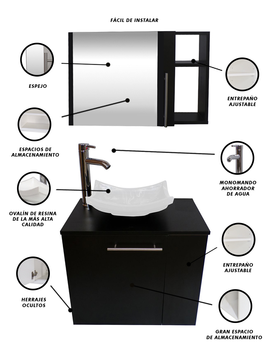 Foto 5 pulgar | Combo de Gabinete para Baño Derecho con Lavamanos y Monomando + Botiquín con Espejo