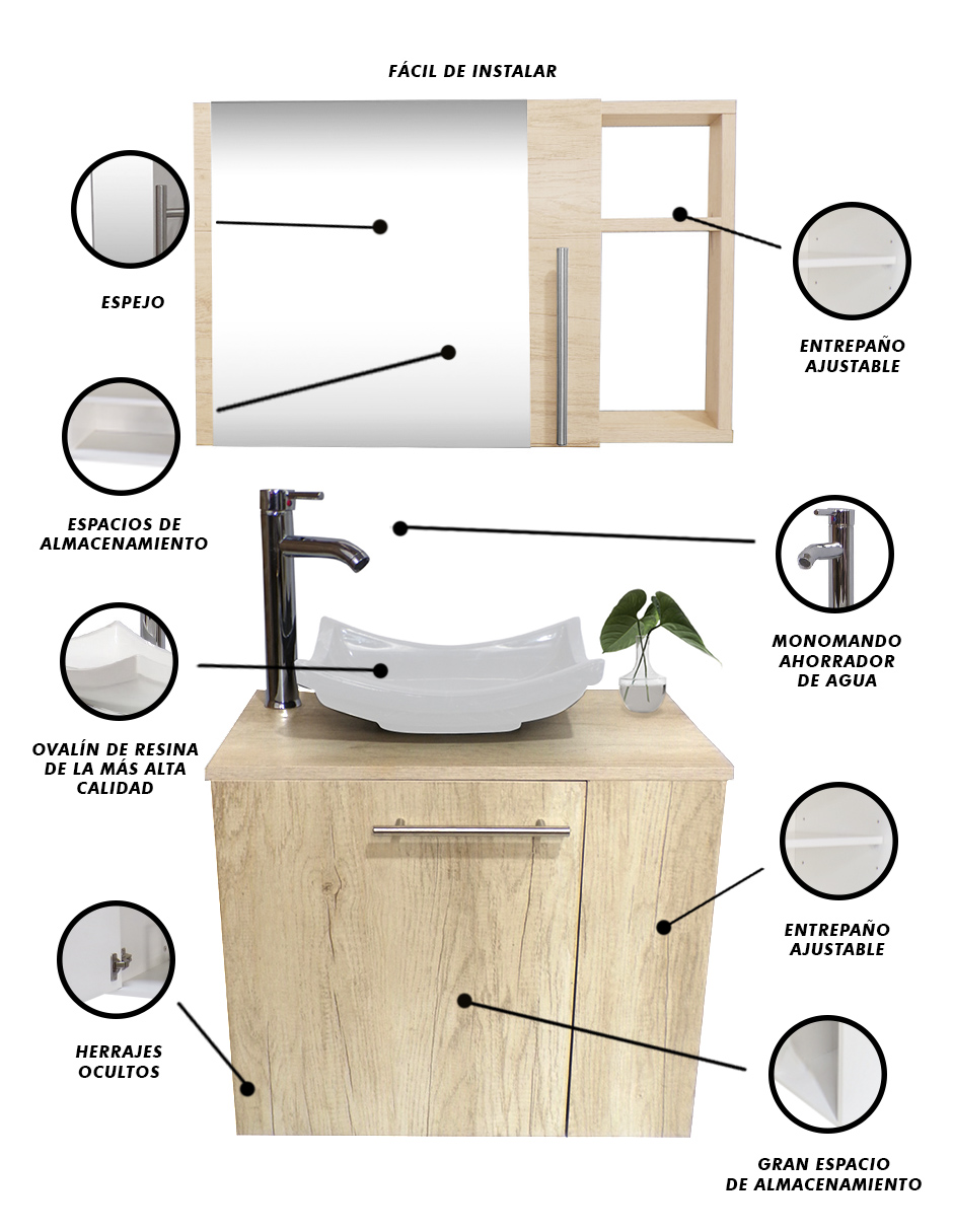 Foto 5 pulgar | Combo de Gabinete para Baño con Lavamanos Monomando y Botiquín con Espejo