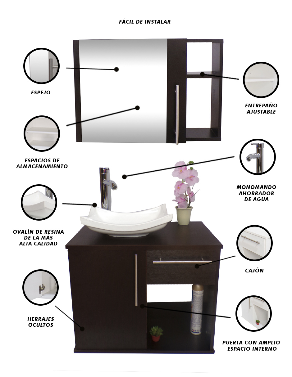 Foto 5 pulgar | Gabinete para Baño con Lavabo y Monomando más Botiquín con Espejo