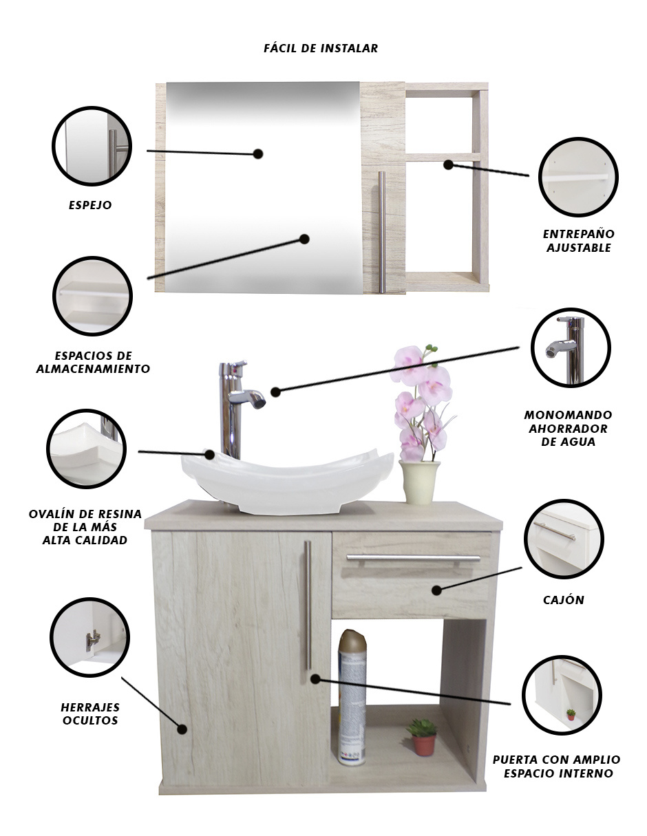 Foto 4 | Gabinete para Baño con Lavabo y Monomando más Botiquín con Espejo