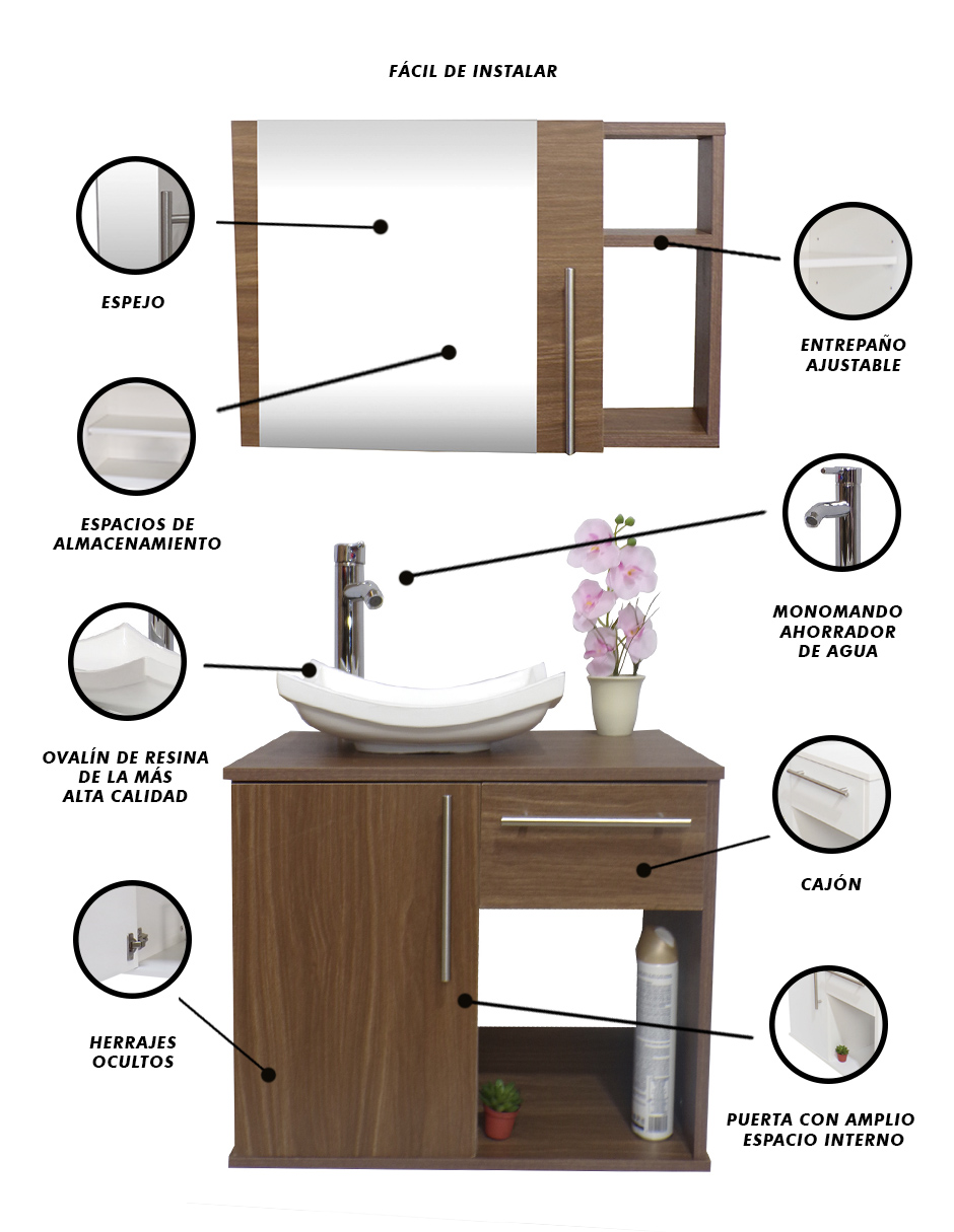 Foto 4 | Combo de Gabinete para Baño con Puerta y Cajón con Lavabo y Monomando más Botiquín con Espejo