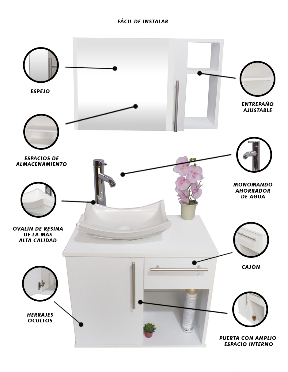 Foto 5 pulgar | Combo de Gabinete para Baño con Puerta y Cajón con Lavabo y Monomando más Botiquín con Espejo