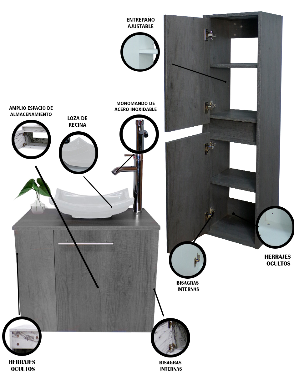 Foto 6 pulgar | Gabinete para Baño con Almacenamiento Gris 2 Piezas