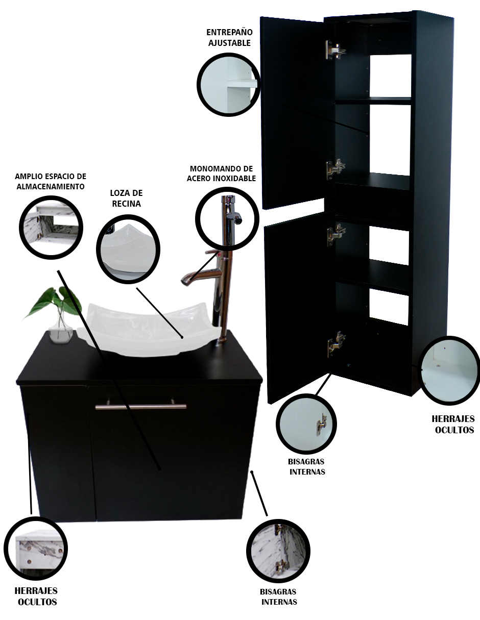 Foto 5 | Gabinete de Baño + Gabinete de Almacenamiento Negro 2 Piezas