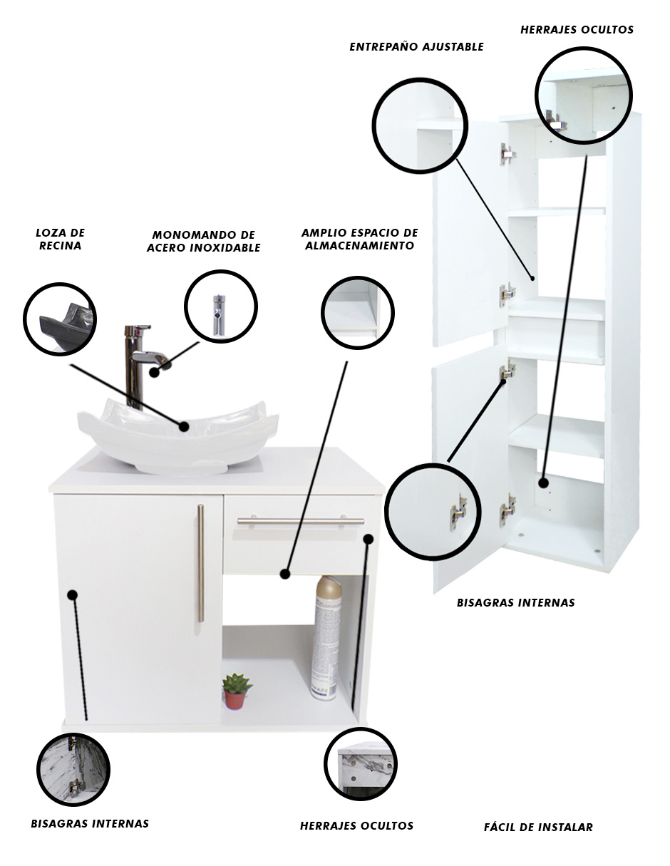 Foto 6 pulgar | Combo de Gabinete para Baño con Lavamanos y Monomando + Gabinete de Almacenamiento Blanco