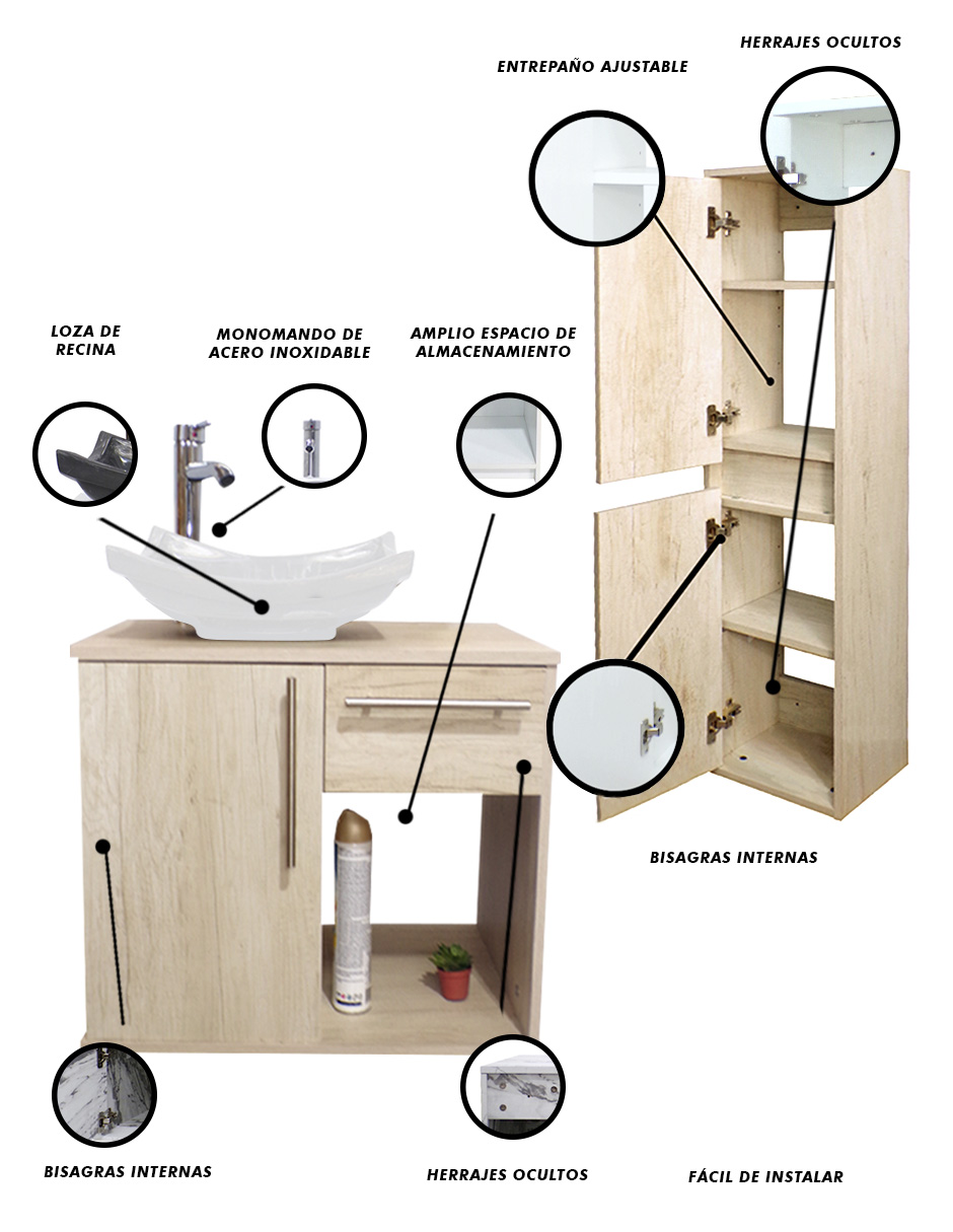 Foto 6 pulgar | Combo de Gabinete para Baño con Lavamanos y Monomando + Gabinete de Almacenamiento Beige