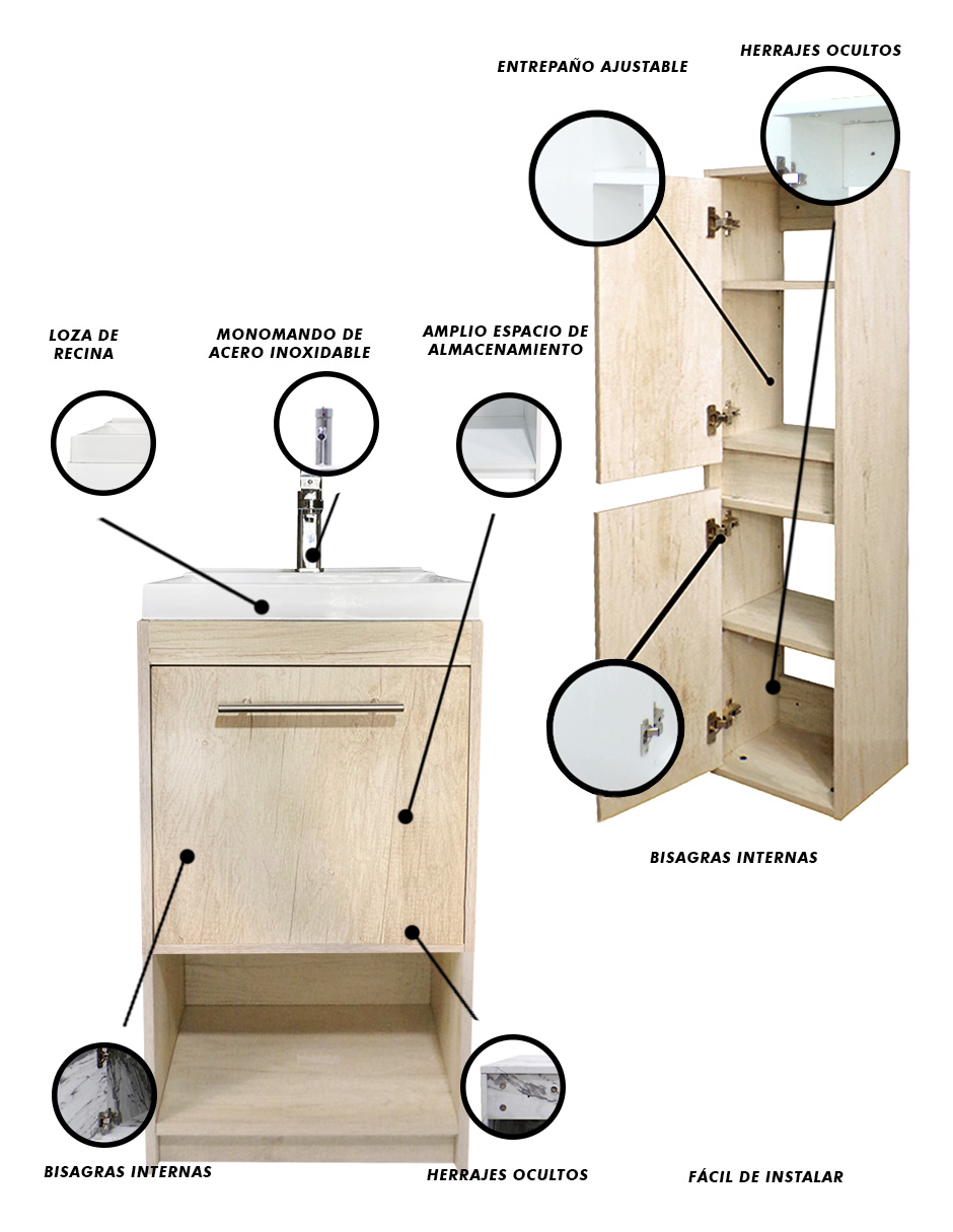 Foto 6 pulgar | Combo de Gabinete con Lavamanos y Monomando + Gabinete Almacenamiento Seine Beige