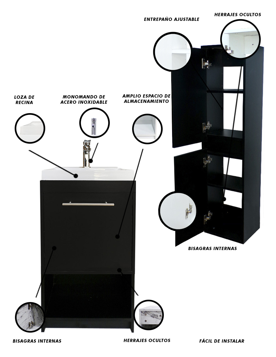 Foto 5 | Combo de Gabinete con Lavamanos y Monomando + Gabinete Almacenamiento Seine Negro