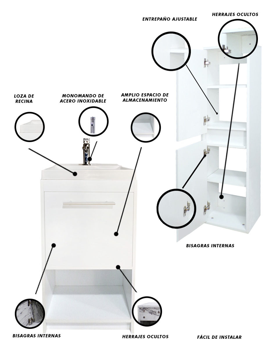 Foto 6 pulgar | Combo de Gabinete con Lavamanos y Monomando + Gabinete Almacenamiento Seine Blanco