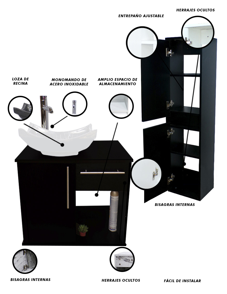 Foto 6 pulgar | Combo de Gabinete para Baño con Lavamanos y Monomando + Gabinete de Almacenamiento Jacquemart Negro