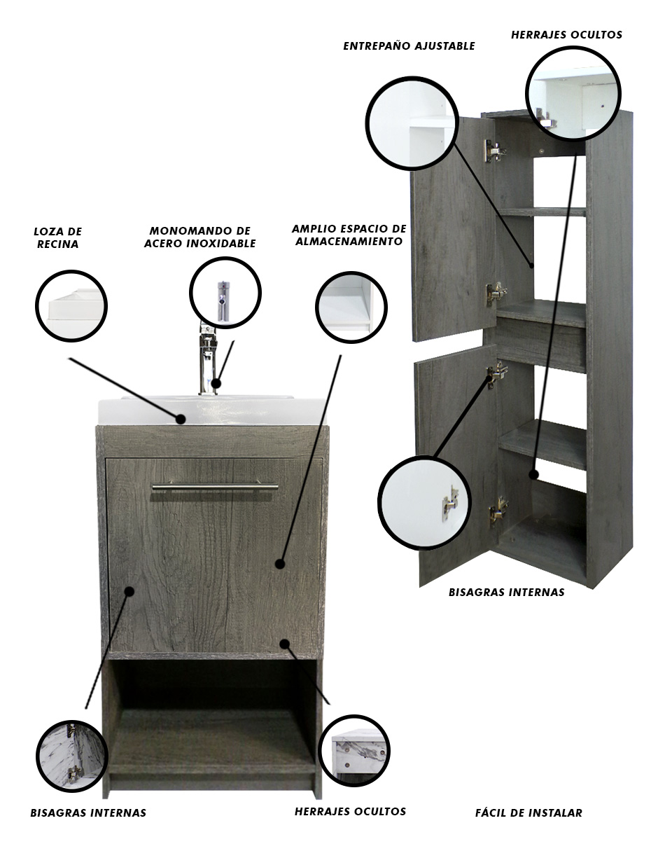 Foto 5 | Combo de Gabinete con Lavamanos y Monomando + Gabinete Almacenamiento Seine Gris