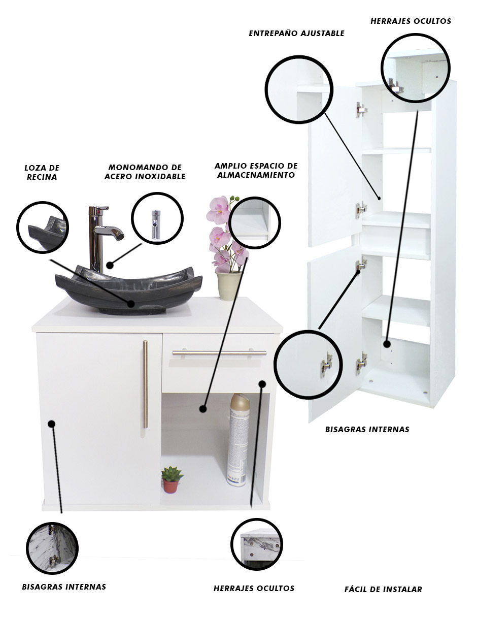 Foto 6 pulgar | Combo de Gabinete para Baño con Lavamanos y Monomando + Gabinete de Almacenamiento Jacquemart Blanco