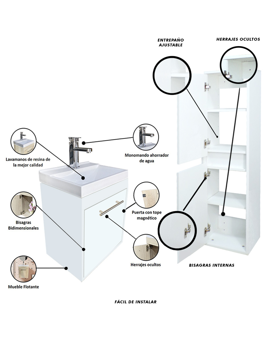 Foto 6 pulgar | Combo de Gabinete Con Lavamanos Y Monomando Flotante + Gabinete Almacenamiento Seine