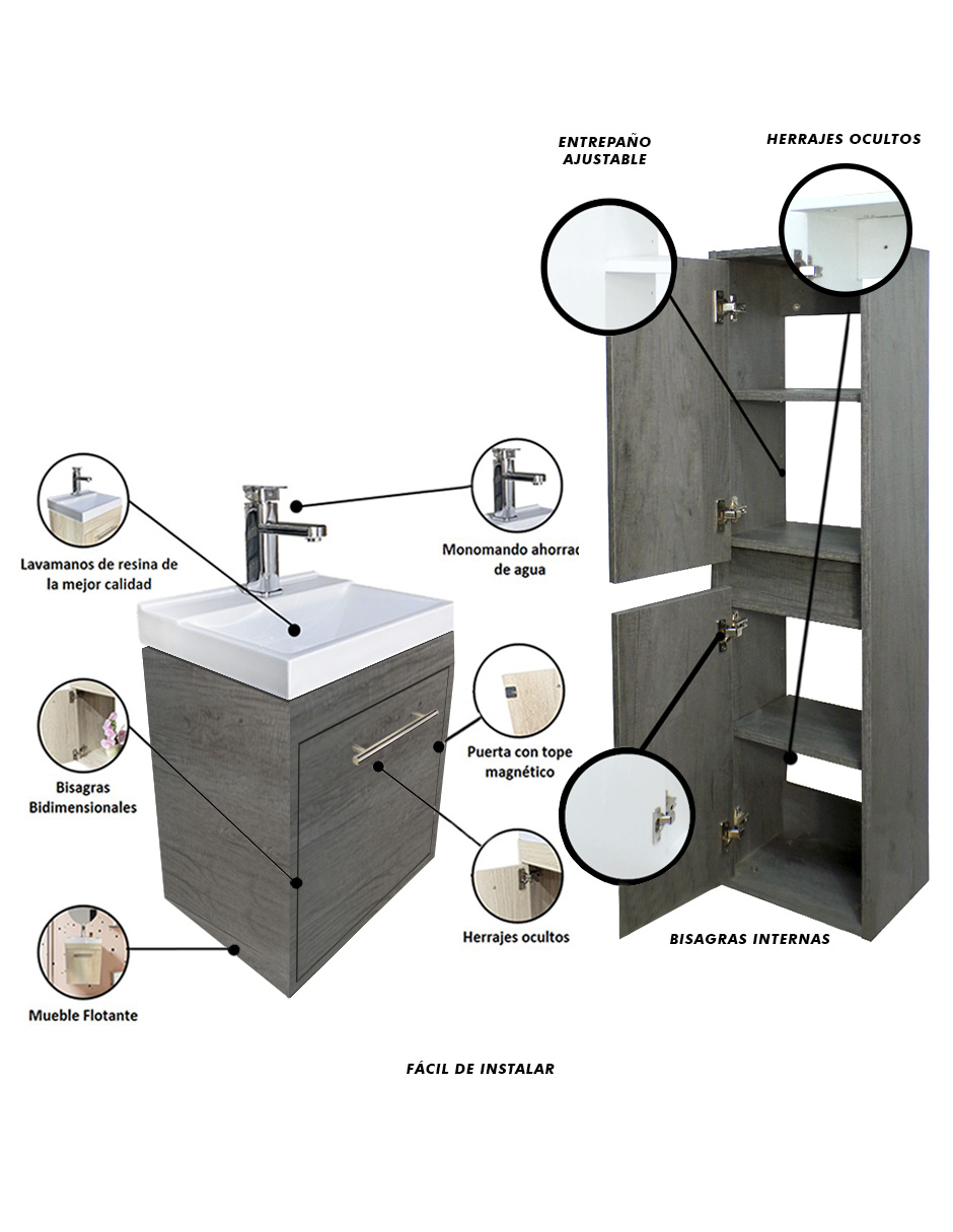 Foto 5 | Combo de Gabinete con Lavamanos y Monomando Flotante más Gabinete Almacenamiento Seine