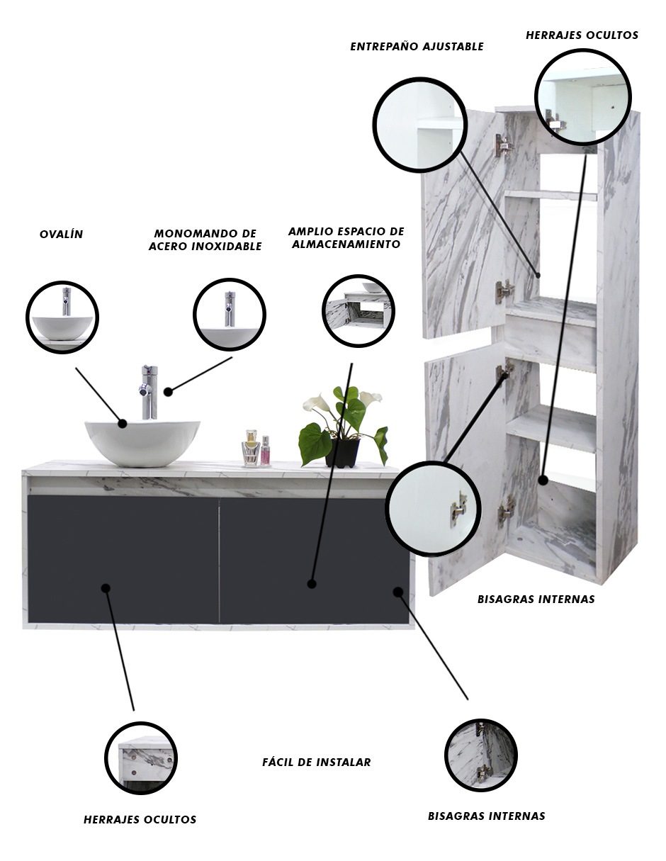 Foto 6 pulgar | Combo de Gabinete para Baño Con Ovalín y Monomando más Gabinete de Almacenamiento Esbly