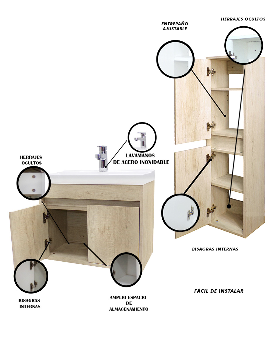 Foto 6 pulgar | Combo de Gabinete de Baño con Lavamanos y Monomando + Gabinete de Almacenamiento Bourdelle