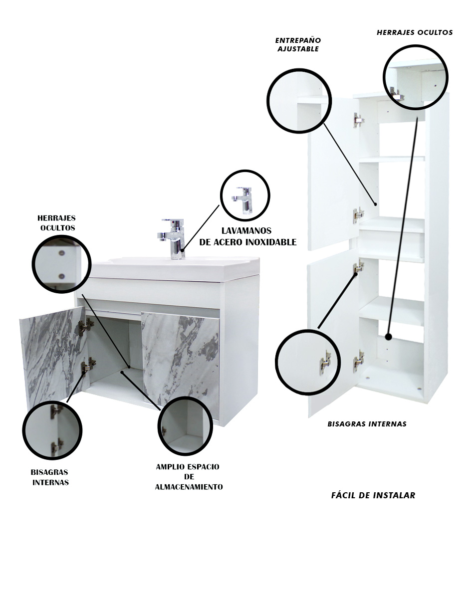 Foto 6 pulgar | Combo de Gabinete de Baño con Lavamanos y Monomando + Gabinete de Almacenamiento Bourdelle