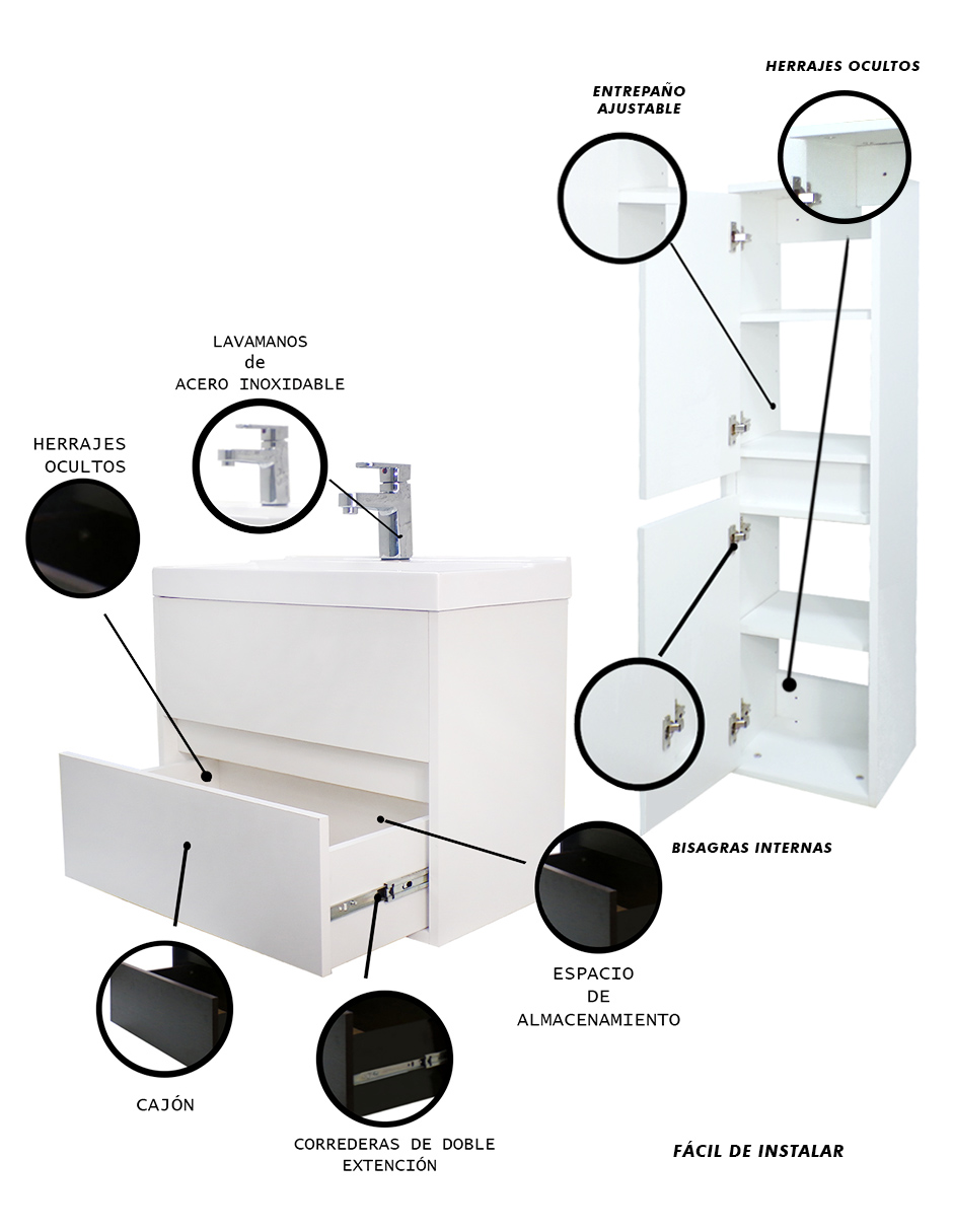 Foto 6 pulgar | Gabinete de Baño con Lavamanos y Monomando + Gabinete de Almacenamiento Blanco