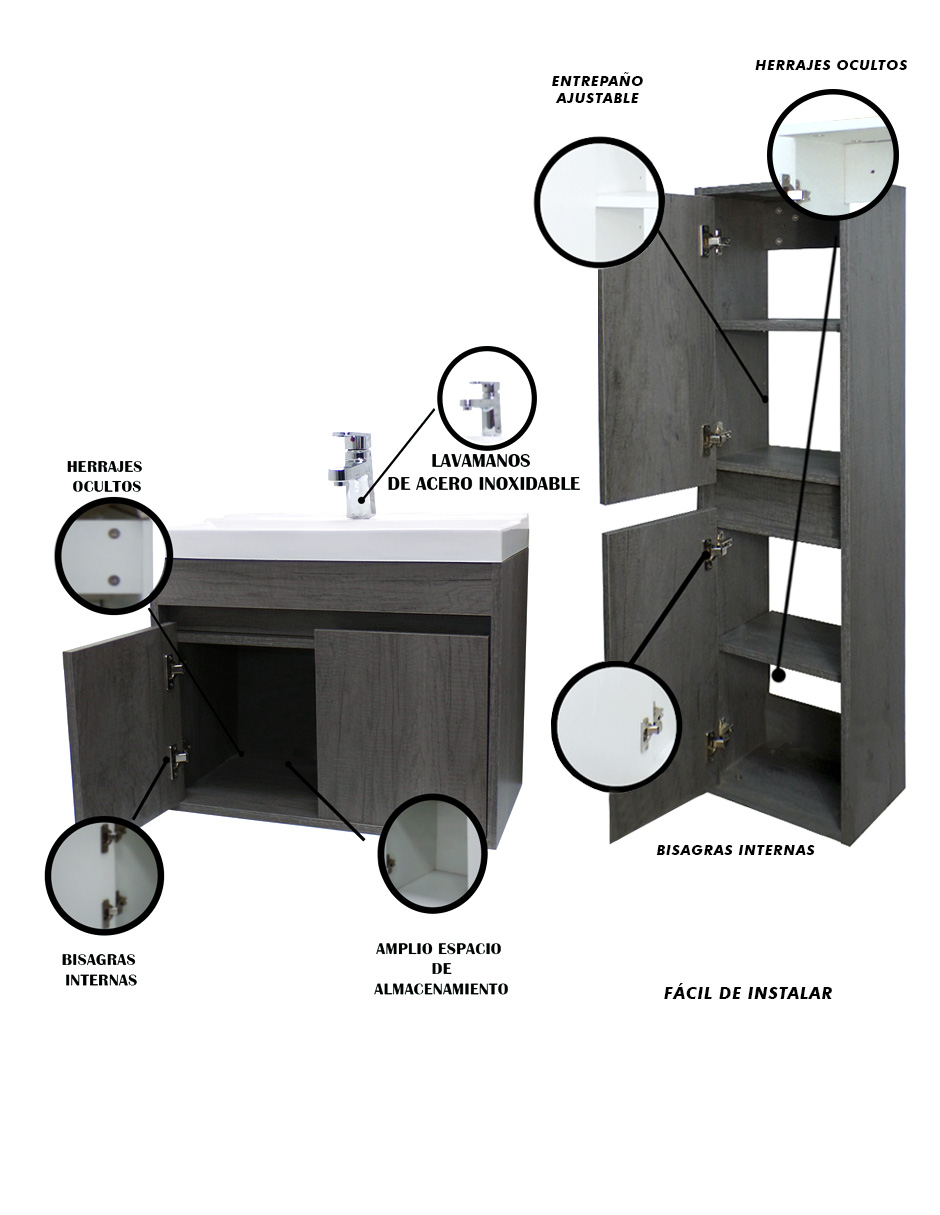 Foto 6 pulgar | Combo de Gabinete de Baño con Lavamanos Y Monomando + Gabinete de Almacenamiento Bourdelle