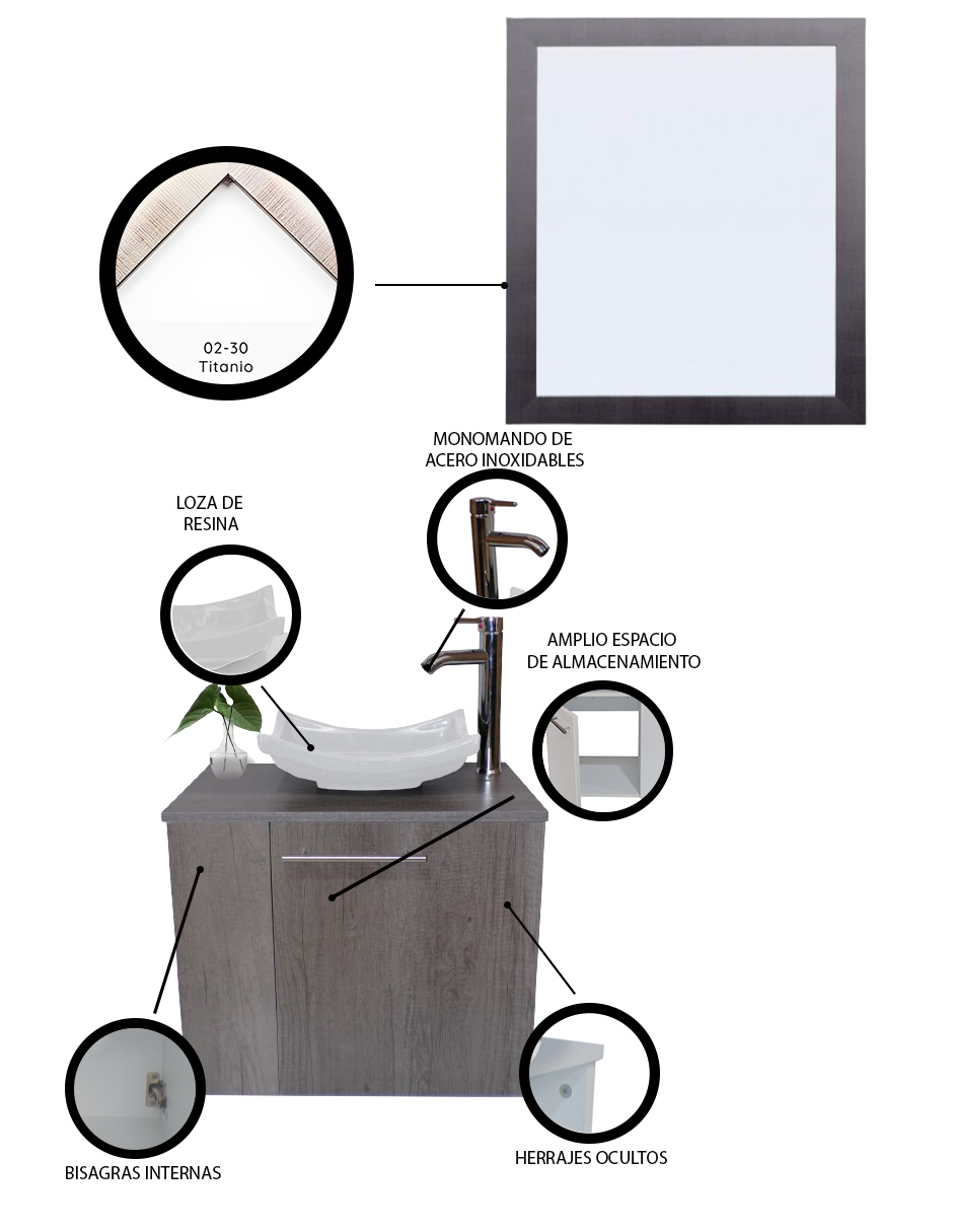 Foto 6 pulgar | Gabinete de Baño con Lavabo y Espejo Decorativo Vernier 60x50cm