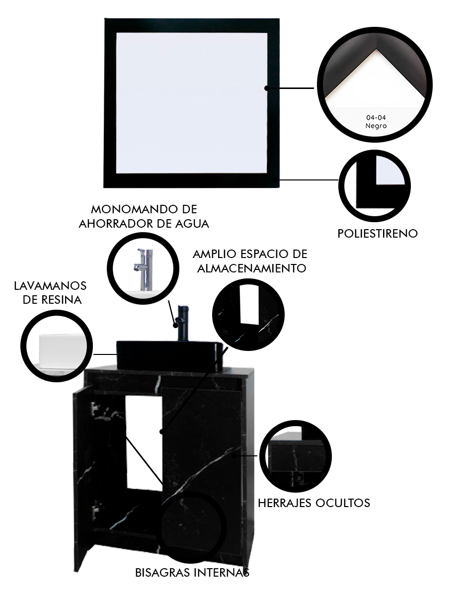 Foto 6 pulgar | Gabinete de Baño Decomobil Negro con Lavabo y Espejo Decorativo Varenna