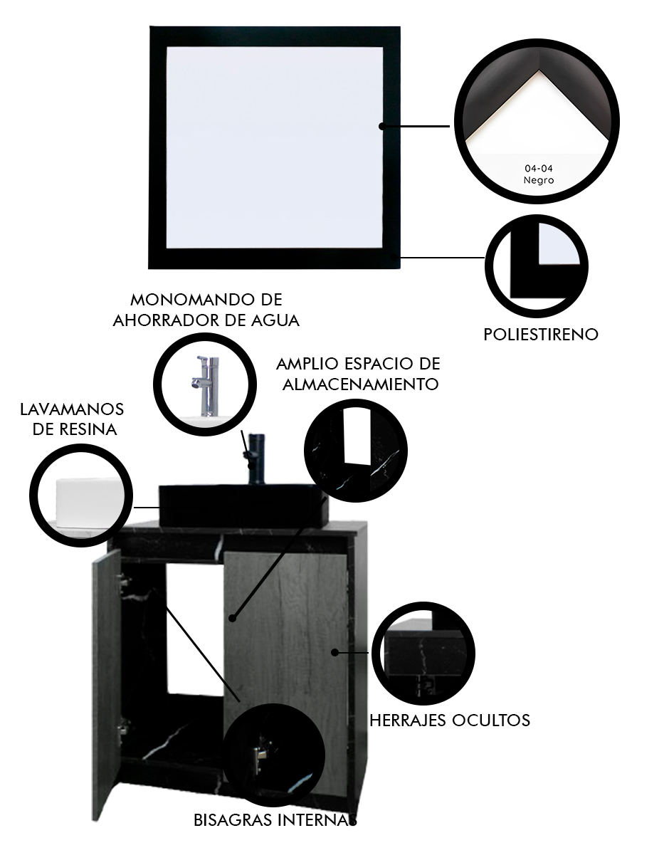 Foto 6 pulgar | Gabinete de Baño Decomobil Negro con Lavabo y Espejo Decorativo Varenna