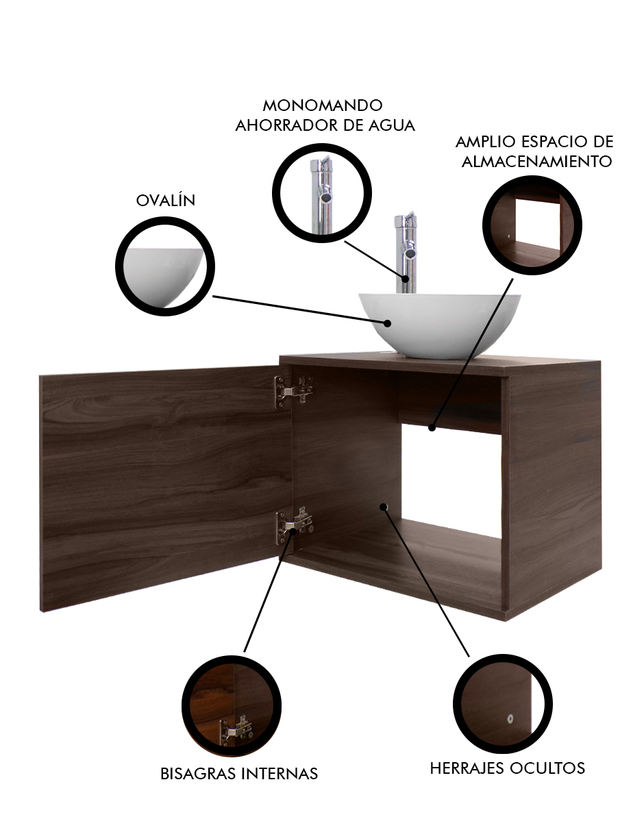 Foto 7 pulgar | Gabinete Flotante Para Baño Con Llave Monomando Y Ovalín