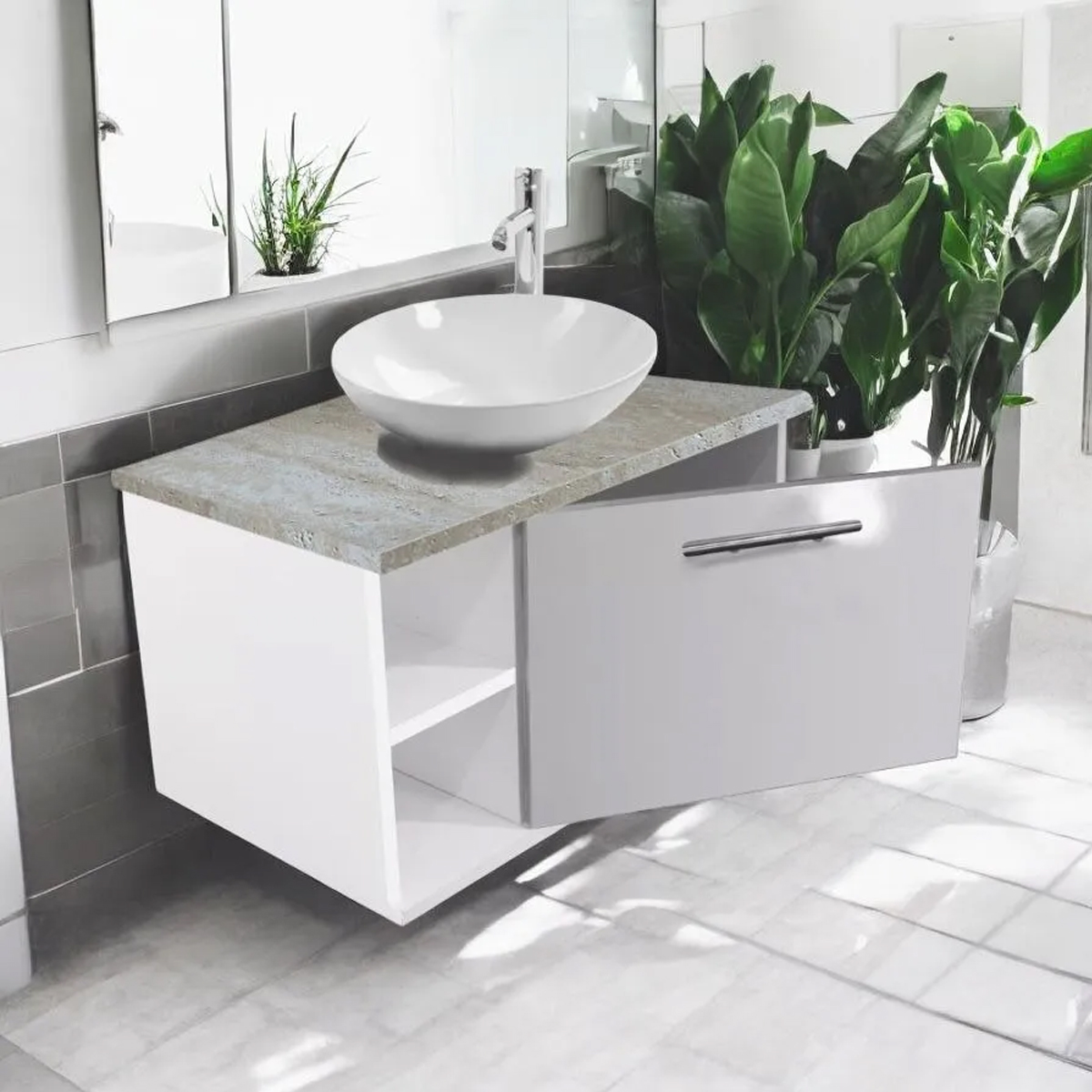 Foto 4 pulgar | Gabinete Baño Minimalista Cubiertapiedra Beige C/ovalin+mono