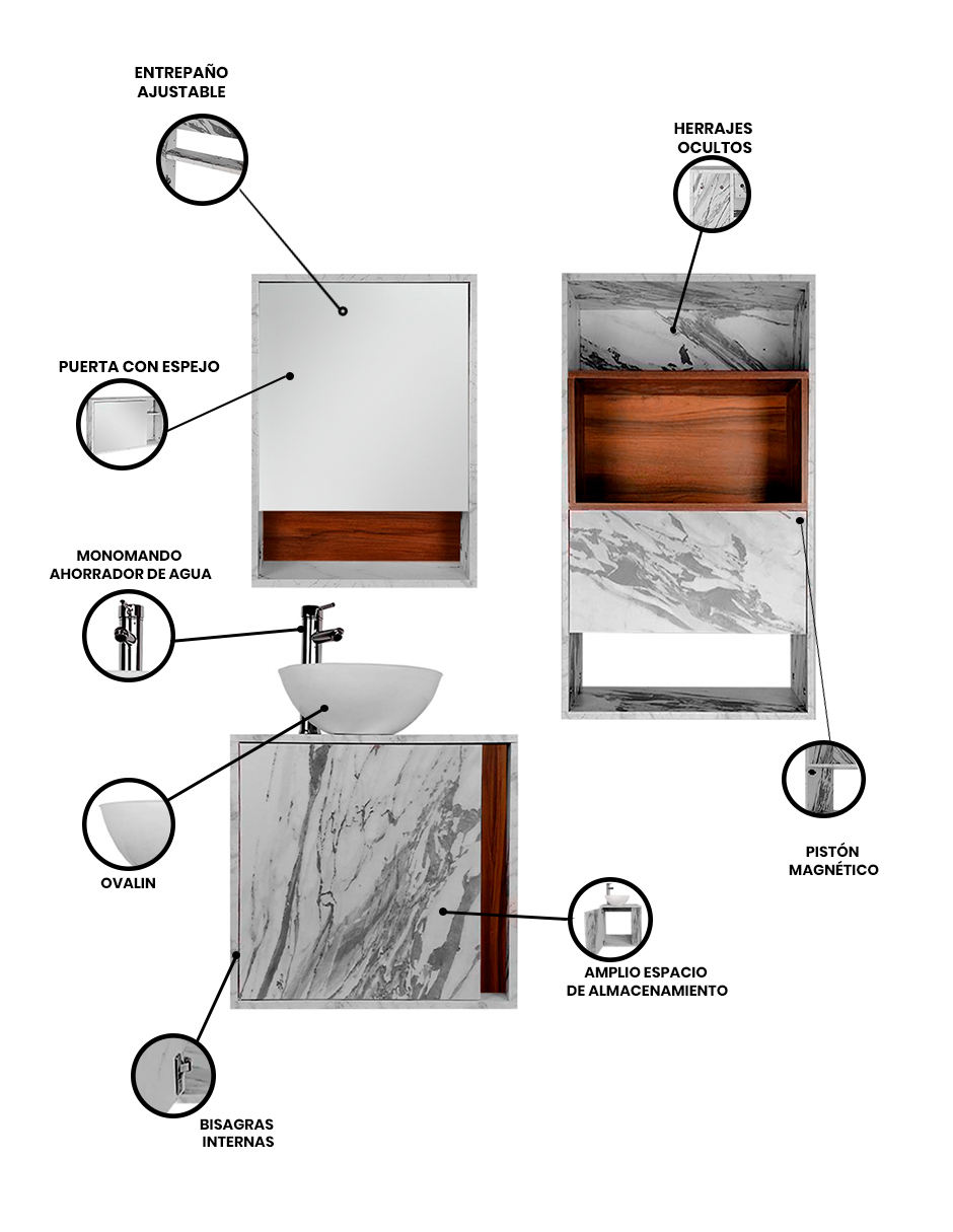 Foto 4 pulgar | Combo Montreal Gabinete De Baño Moderno Con Lavabo  Botiquín Y Espejo  Mdf