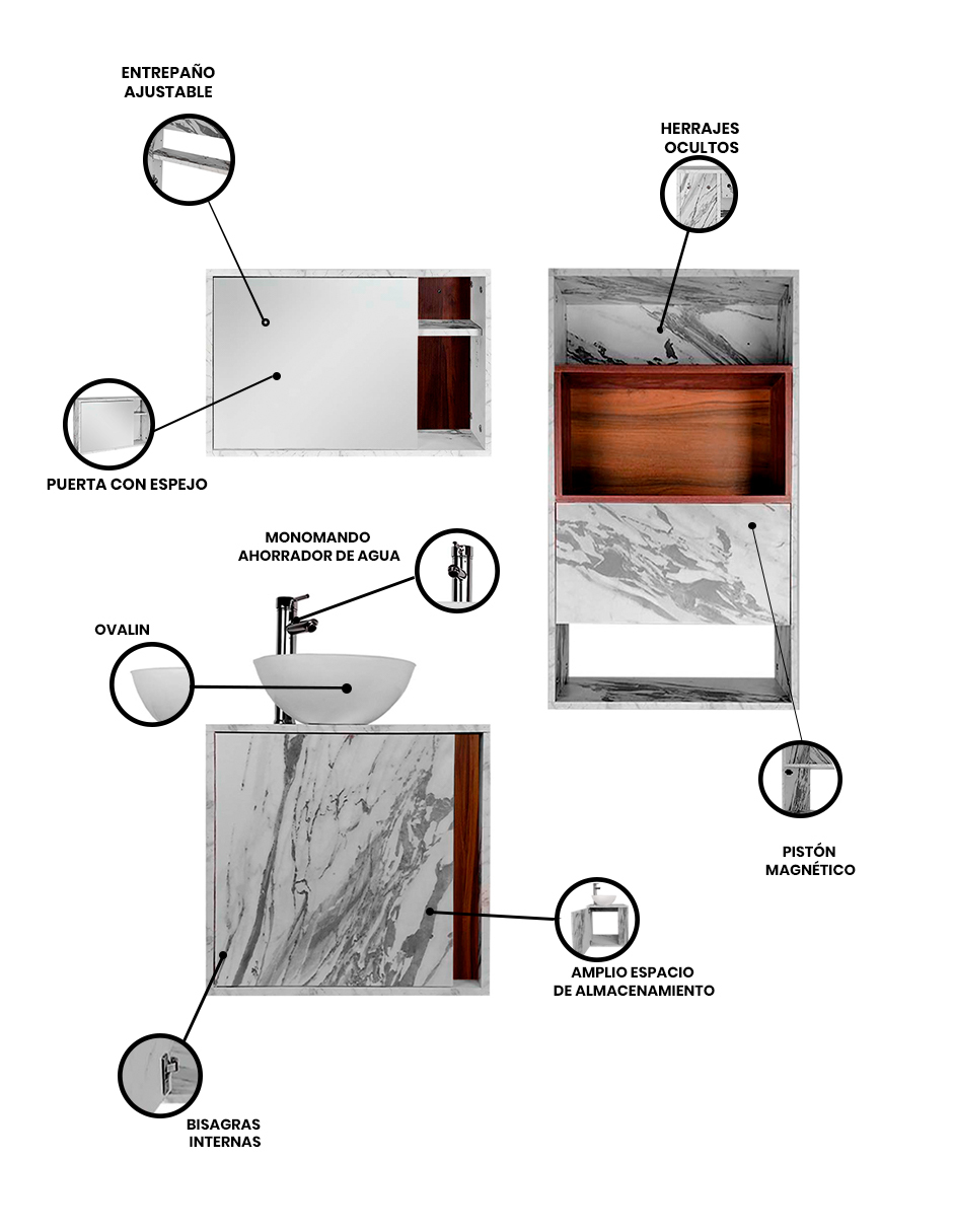 Foto 4 pulgar | Combo Chicago Gabinete de Baño con Botiquín y Mueble Sobre WC MDF Moderno